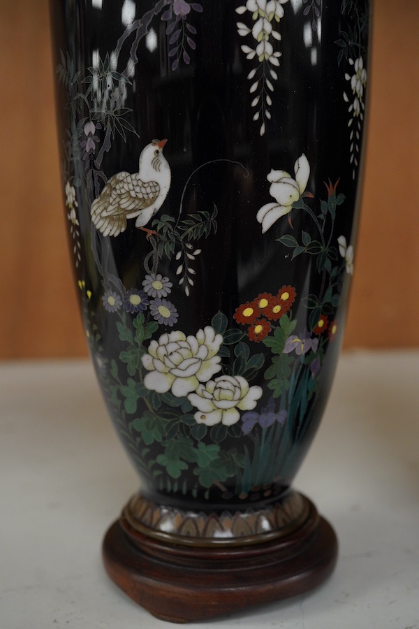 A pair of Japanese silver wire cloisonné enamel vases, Meiji period, wood stands, 18cm high